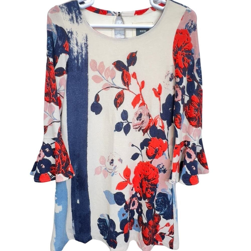 Maeve‎ Shift Dress Floral Bell Sleeve Anthropologie Mini Cream Red Blue Size M
